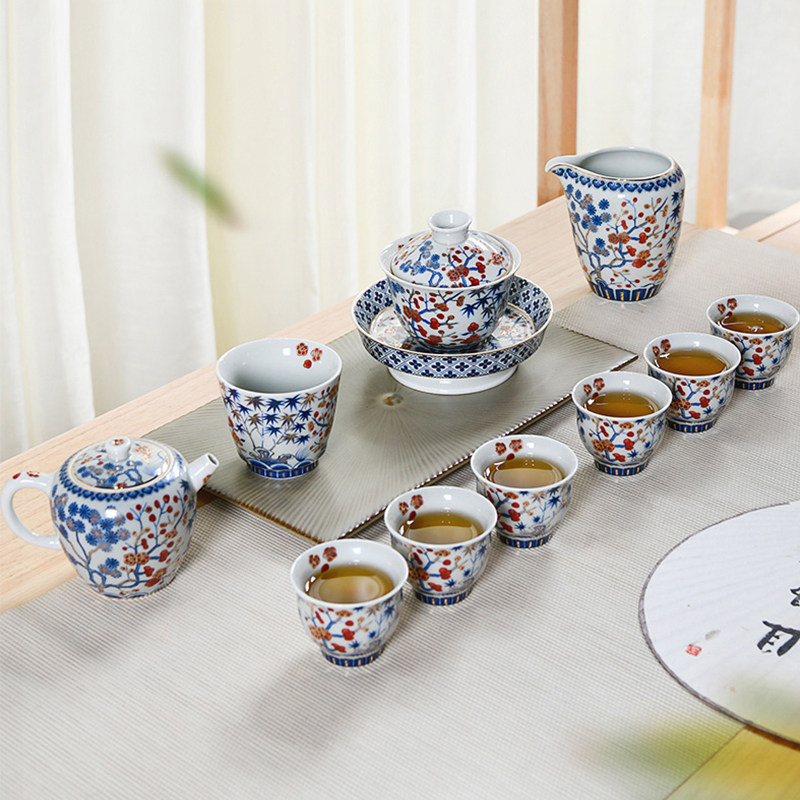 成艺优选四季发财国潮风青花陶瓷茶具套装三才盖碗品茗杯鎏金茶壶