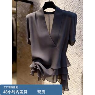 法式V领不规则下摆短袖女夏上新高级感小众气质成熟优雅风上衣潮