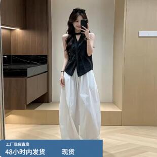 2026年新款轻熟简约风格纹背心阔腿裤两件套女夏季显瘦垂坠感套装