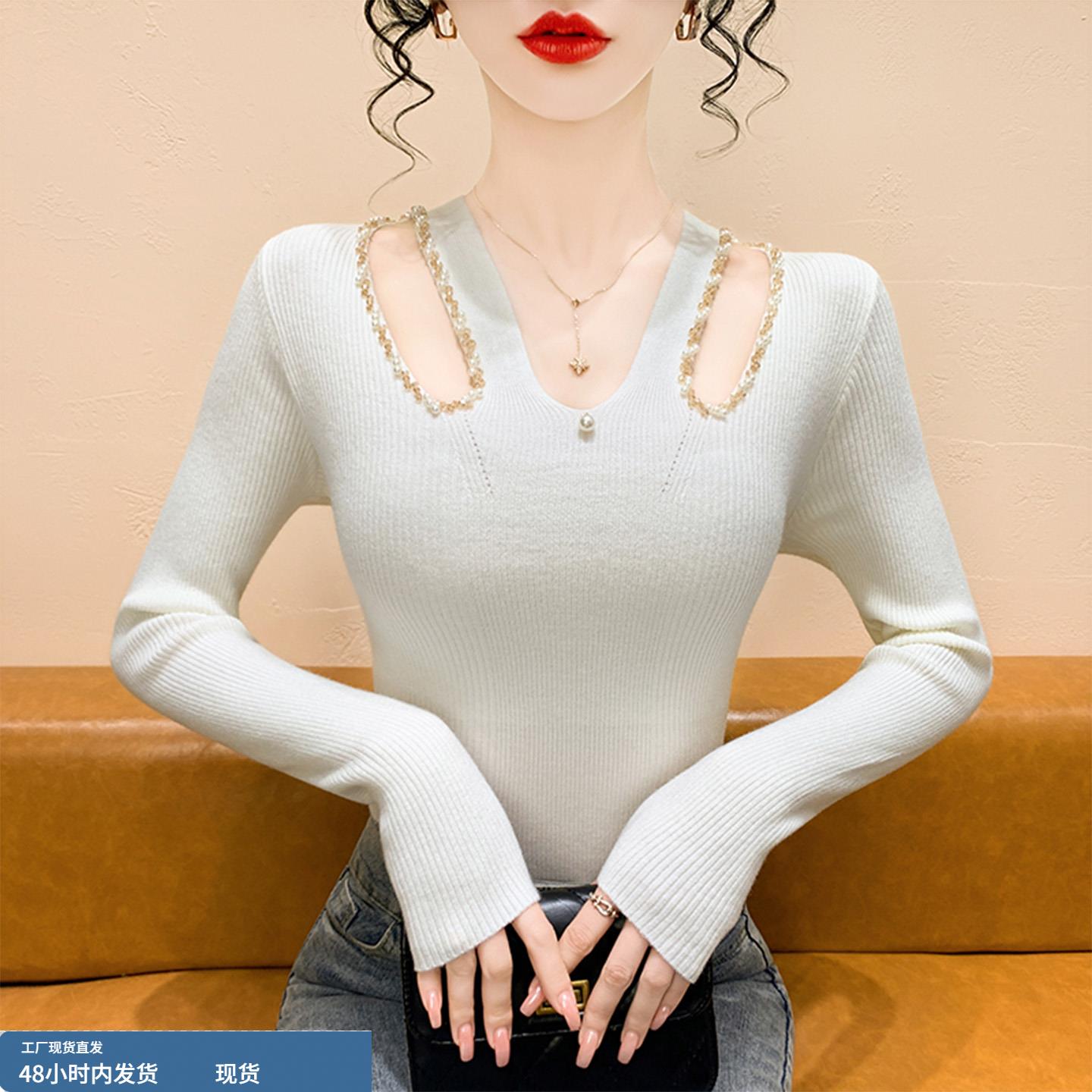 纯欲风镂空钉钻针织打底衫女秋冬2025新款小心机修身显瘦内搭上衣