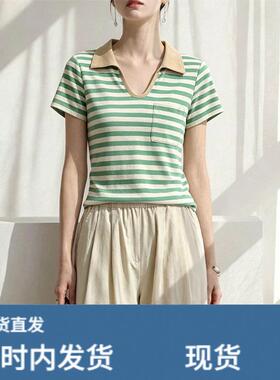 绿色条纹POLO领短袖T恤女2026夏季新款爆款休闲百搭显瘦正肩上衣