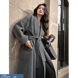 灰色双面呢羊绒大衣女2025冬季新款韩系高级感浴袍系带羊毛呢外套