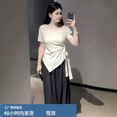 大尺码女装绑带收腰显瘦上衣女2026夏季胖mm斜肩设计感小众短袖T