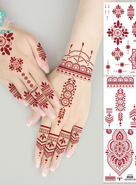 瑞卡龙跨境海娜纹身贴纸棕红色花卉手背印度防水蕾丝纹身贴