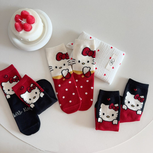 儿童袜子秋冬季保暖款可爱中筒袜卡通猫韩系ins百搭女童红袜子冬