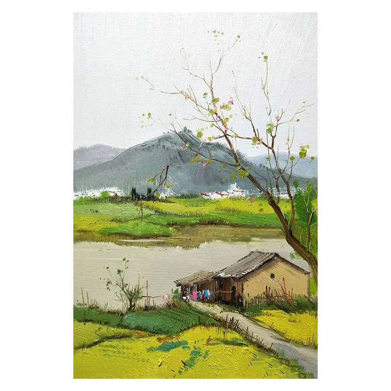 新款乡村田园风格纯手绘油画客厅中式绿色风景装饰画玄关山水肌理