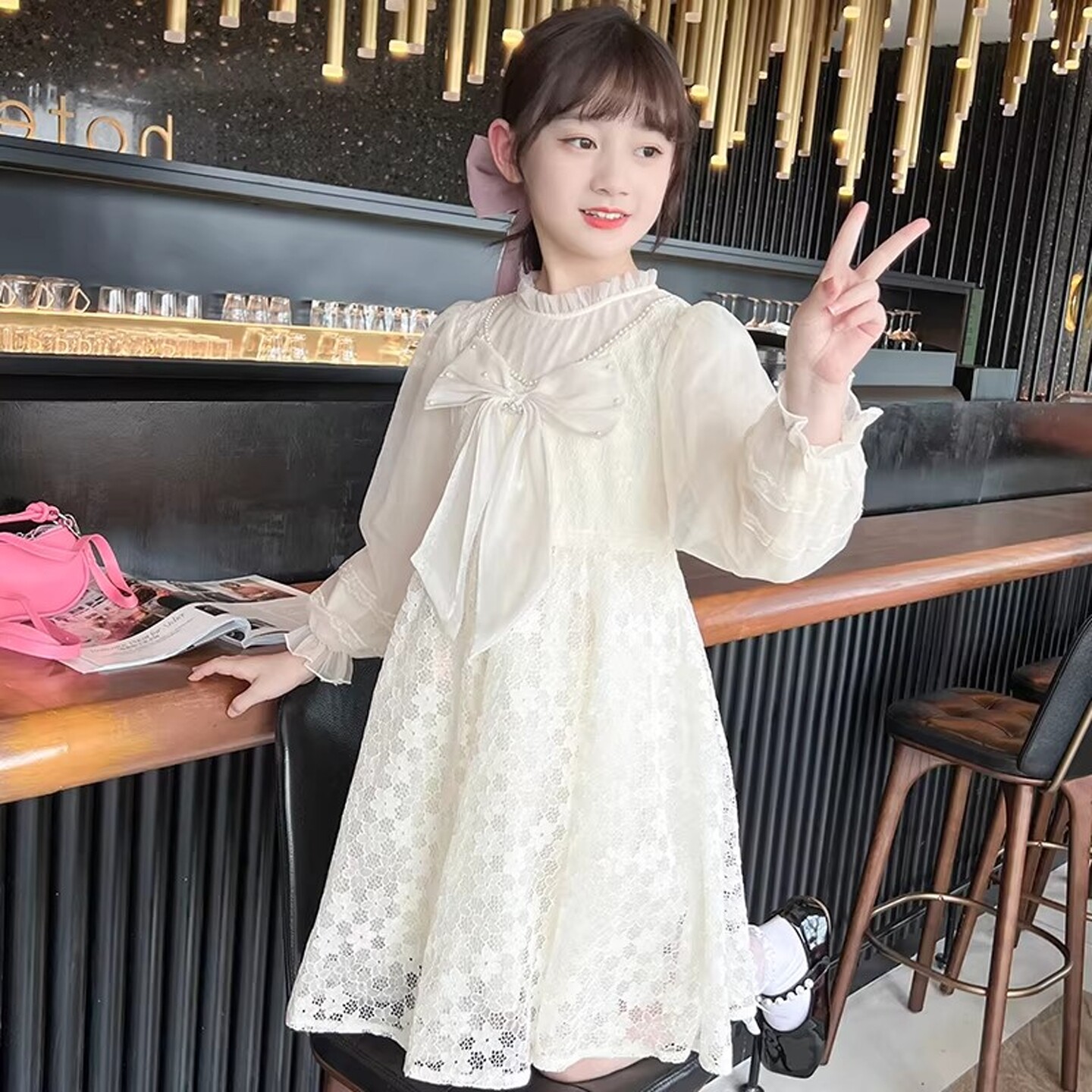 GBUBG 女童蕾丝连衣裙春秋季2026新款洋气儿童长袖蝴蝶结公主裙子