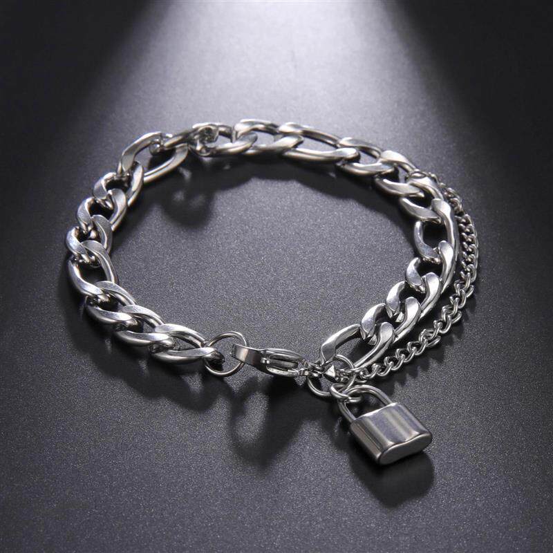 钛钢潮流复古个性嘻哈挂锁吊坠男女生手链小众手饰饰品不锈钢手链