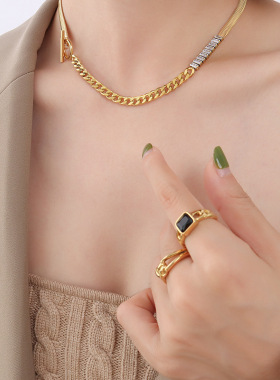 跨境秋冬款轻奢风OT扣锆石拼接项链 钛钢镀18K金锁骨链首饰品P109