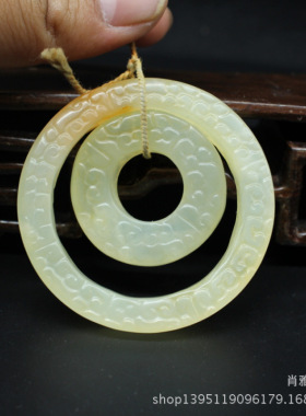 古玩玉器仿古岫玉环吊坠勾云纹双连环玉璧吊坠玉环挂件袈裟环吊坠