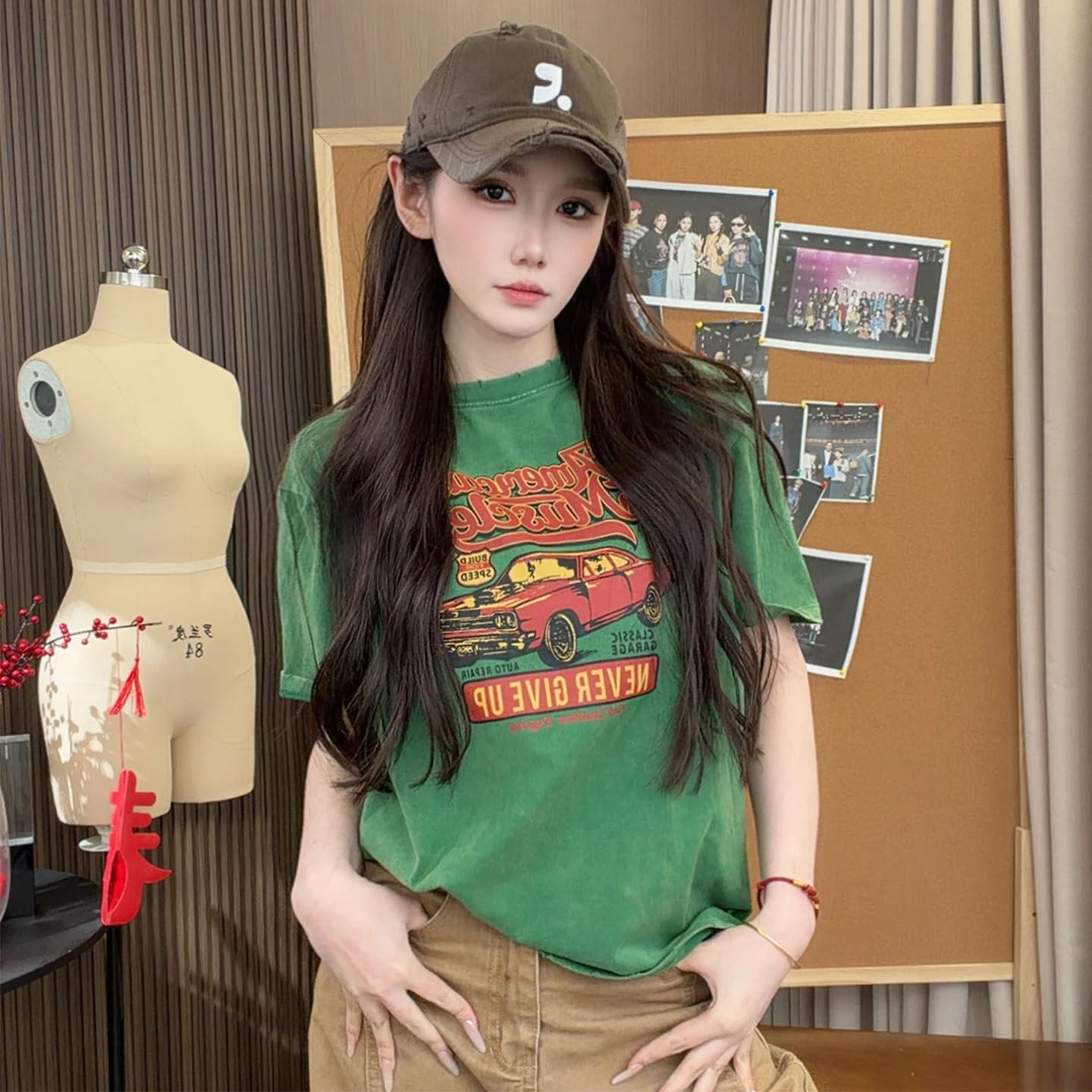 Angelhue【柏林绿调】26新款复古短袖T恤女宽松百搭休闲上衣ins潮