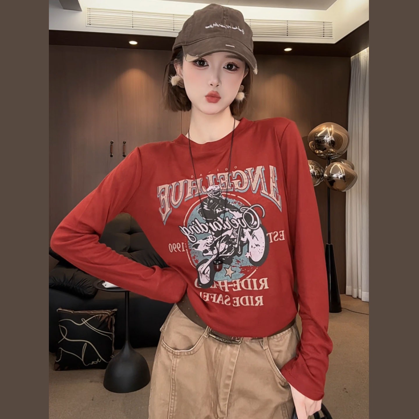 Angelhue复古机车红长袖T恤女