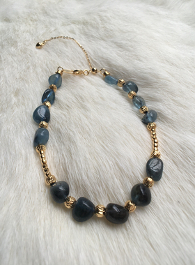 天然海蓝宝随形手链魔鬼蓝黑爆闪渐变时尚单圈百搭气质礼物女节日