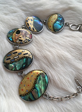 俄进口非遗黑金幻彩绿鲍鱼贝绘画手链牌ot扣独特风格精致百搭礼物