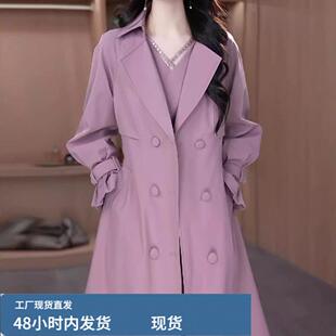 杭州意法风衣女款2025春秋轻奢西装领双排扣中长款大衣外套