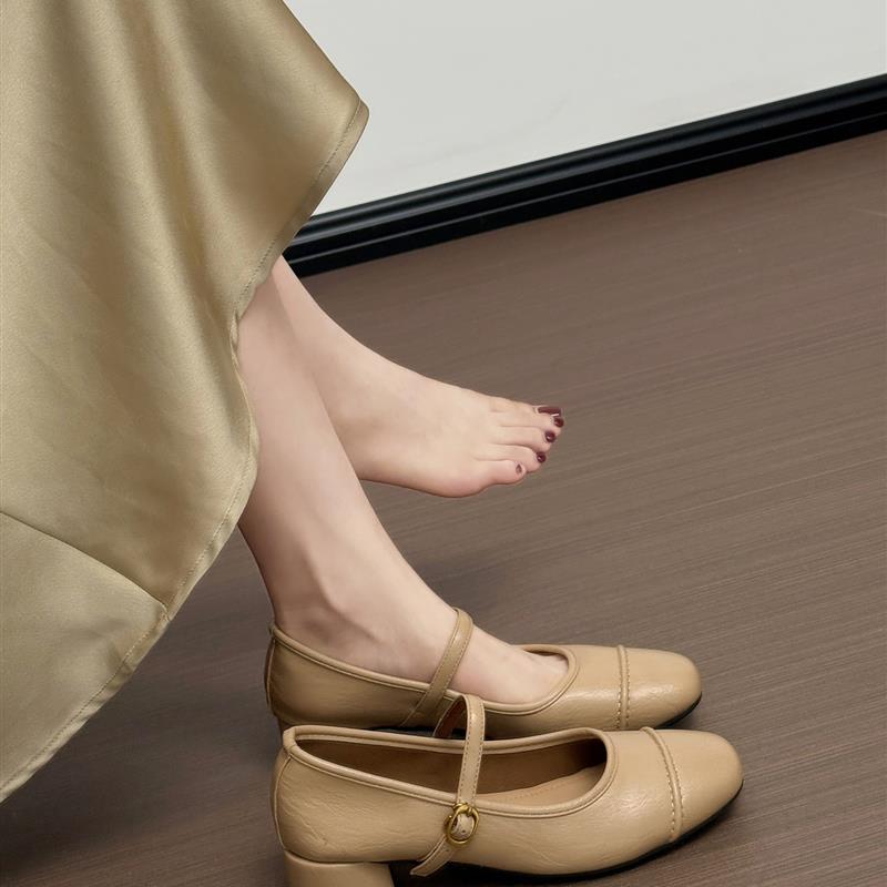 羊皮版~ 覆古真皮一字带玛丽珍女鞋巨软不累脚绝美方头单鞋女粗跟