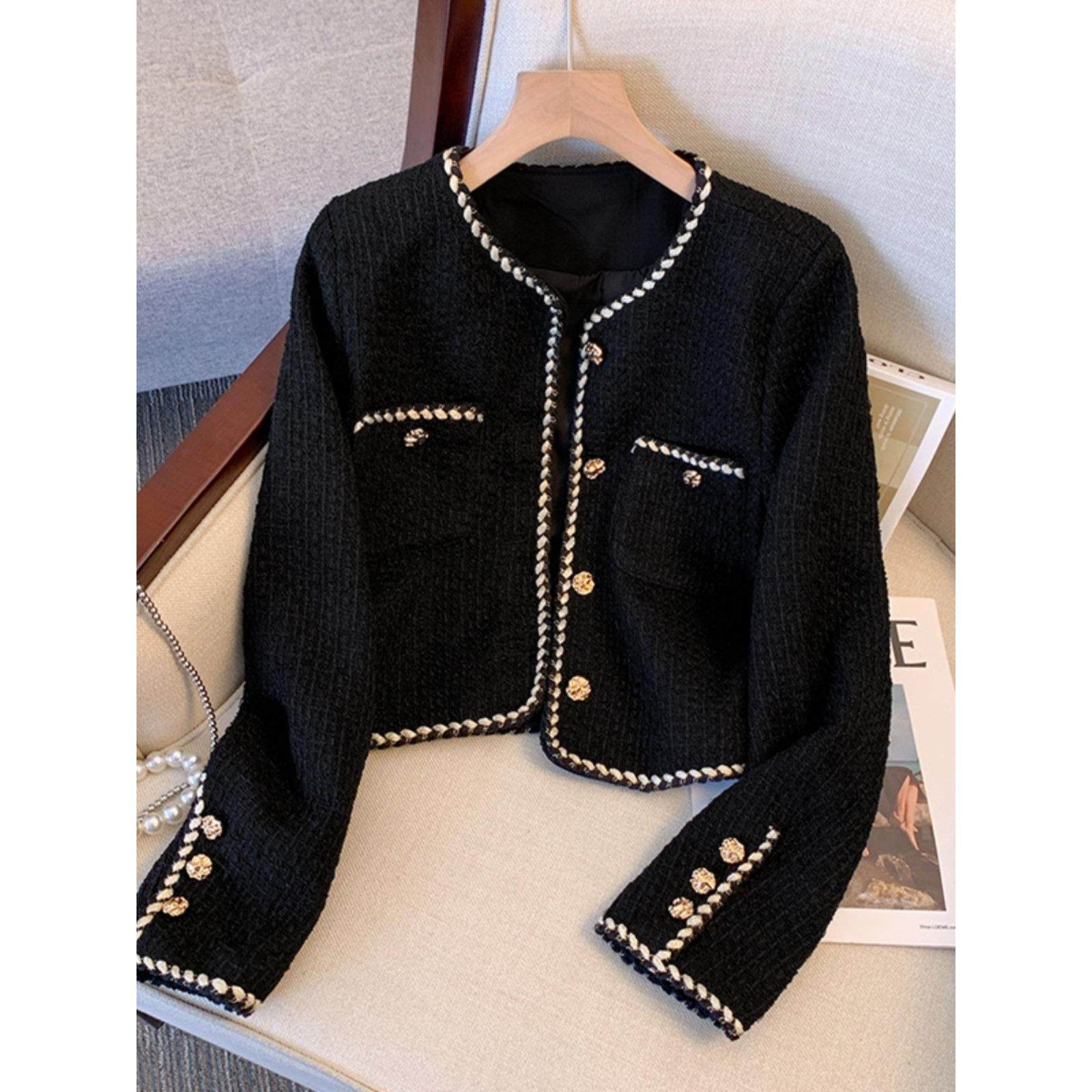 黑色小香风外套女春秋冬新款高级感穿搭气质名媛富家千金短款上衣,运动/瑜伽/健身/球迷用品,广场舞套装,淘宝优惠券,粉丝福利购,淘宝优惠卷