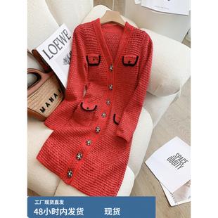 春秋新款小香风长袖修身显瘦针织连衣裙高级感法式覆古小红裙chic