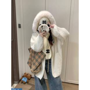 氛围感白色大毛领连帽毛衣外套女冬慵懒风宽松中长款加厚针织开衫