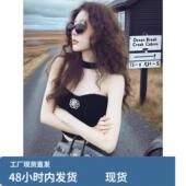 无袖 秋冬复古甜辣妹黑色毛绒抹胸挂颈背心女外穿修身 显瘦短款 上衣