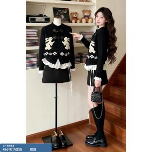 韩风chic套装独特漂亮松弛感巨好看复古黑色开衫短裙两件套2025冬