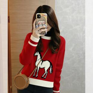白马红色毛衣女款2026新款冬季过年氛围感新年穿搭马年本命年衣服