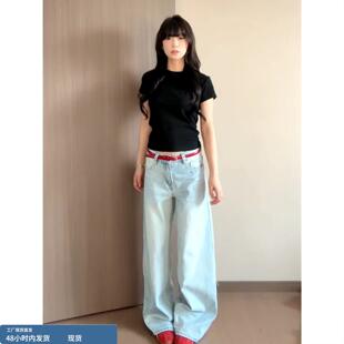 浅蓝色猫须阔腿牛仔裤女春季宽松显瘦高个子加长设计感拖地直筒裤