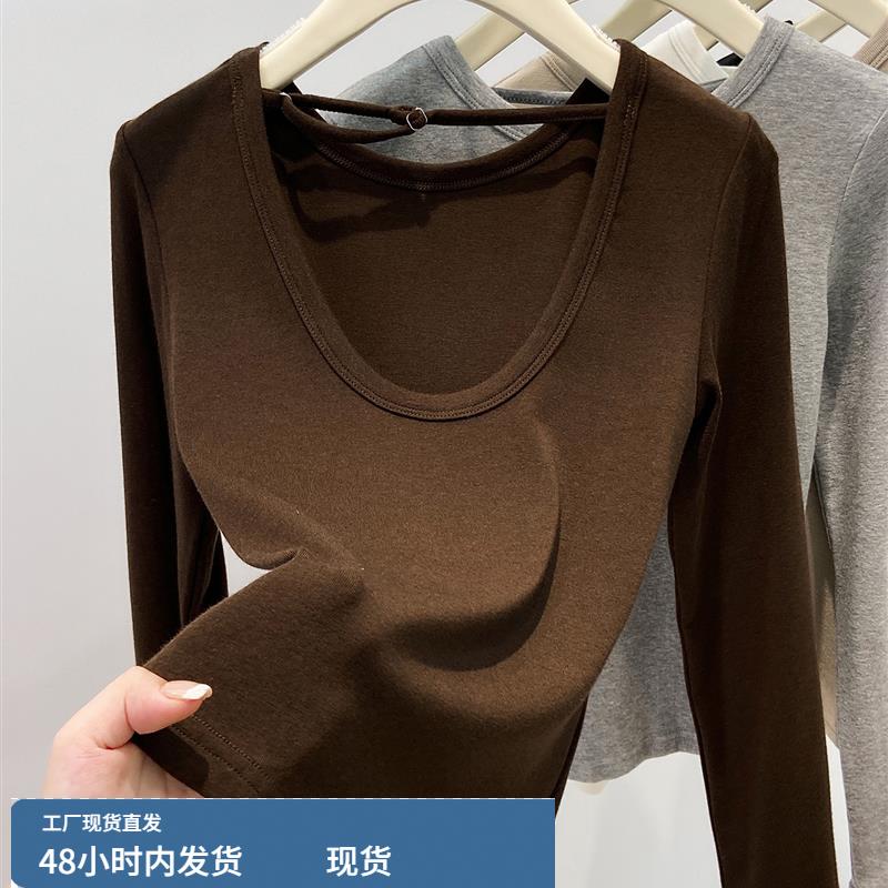洋气露背设计感长袖打底衫女2025早秋新款圆领百搭修身t恤上衣