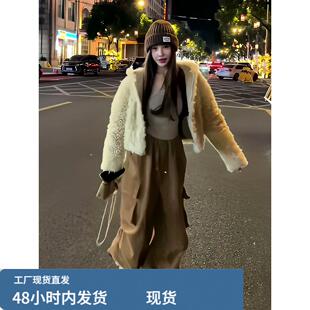 现货~法式高级感气质休闲羊羔毛短款外套女高腰灯芯绒阔腿裤套装