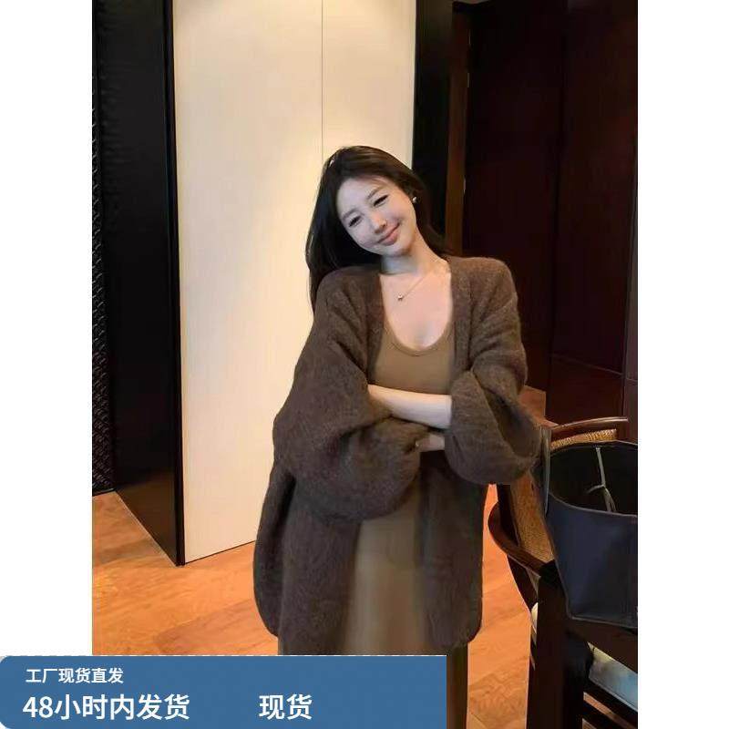 咖色长款针织开衫女秋冬季欧货覆古慵懒风宽松中长袖毛衣外套上衣