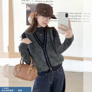 法式复古亮片v领针织马甲女装2025秋冬新款内搭打底衫两件套上衣