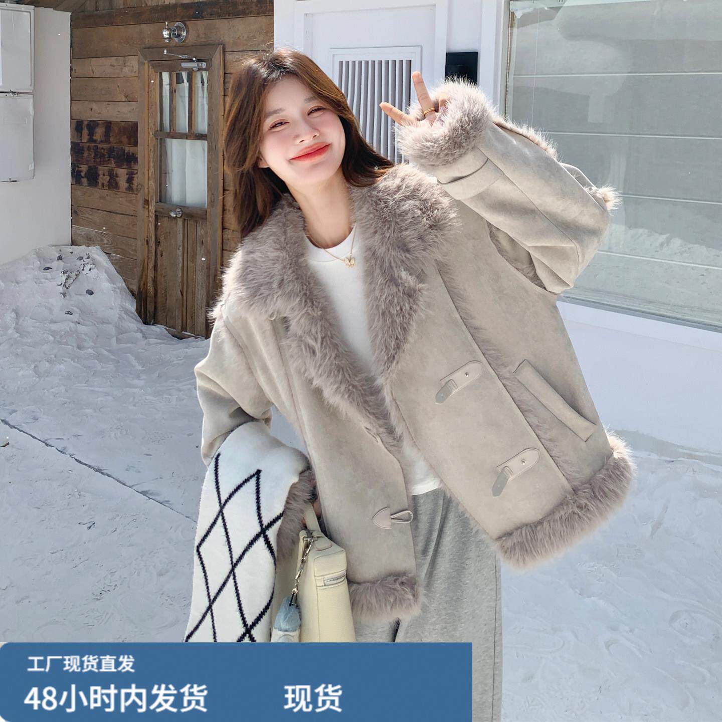 韩系超好看仿皮毛一体羊羔毛外套女冬新款加绒加厚保暖短款机车服