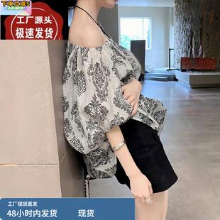 法式亚麻一字领泡泡袖衬衫女夏天复古别致小衫设计感露肩显瘦上衣