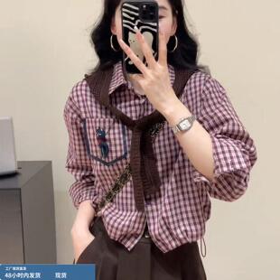 韩版复古披肩+格子衬衫格纹衬衣女款2026新款爆款叠穿上衣两件套
