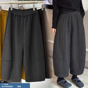 灰色气球裤加绒加厚弯刀阔腿裤女2025新款冬季大码胖mm显瘦九分裤