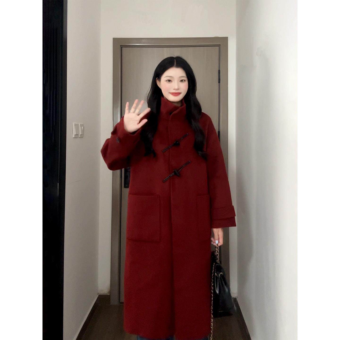 法式高级感牛角扣毛呢外套女2025秋冬新款复古红色中长款呢子大衣,运动/瑜伽/健身/球迷用品,广场舞套装,淘宝优惠券,粉丝福利购,淘宝优惠卷