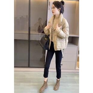 高级感小个子冬装羽绒棉服套装女欧货爆款内搭打底衫牛仔裤三件套