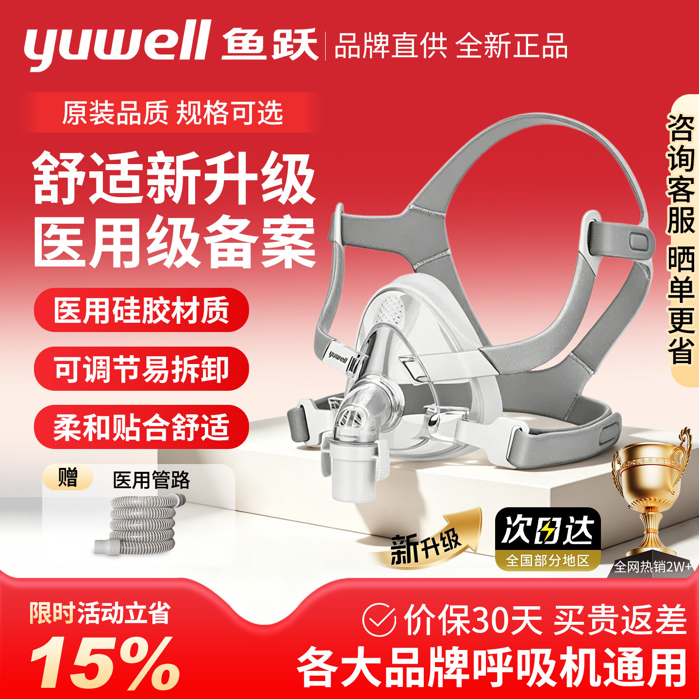 鱼跃呼吸机面罩家用睡眠呼吸器鼻罩头戴口鼻罩原装通用型配件系列
