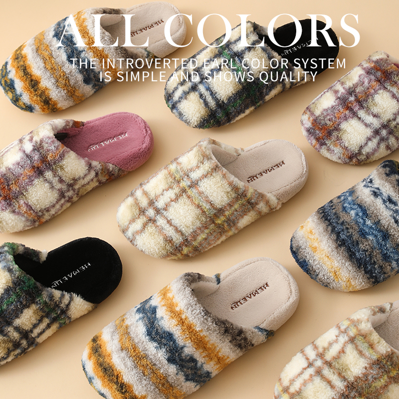 棉拖鞋女复古格纹秋冬季保暖