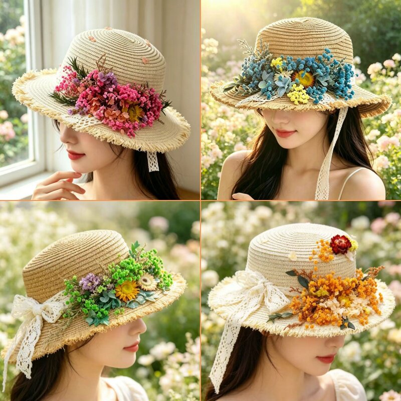 母亲节女神节拉菲草帽干花永生花百搭遮阳防晒帽度假海边团建暖场