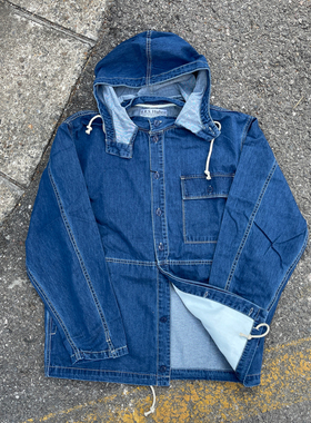 BARNS indigo蓝染石洗做旧多袋连帽复古休闲轻磅牛仔教练夹克