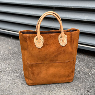 Y'2 LEATHER 男女通勤款 黄金翻毛阉牛皮拼马皮复古手提托特包