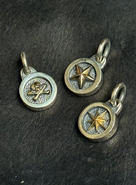 Jango 日本手作925银厚款18K金五星/八芒星/骷髅熔岩做旧圆饼吊坠