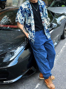 Gypsy Sons indigo蓝染尼龙有机棉混纺M51田径复古可束脚休闲裤