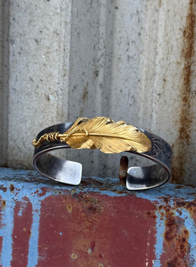 22K全金羽毛做旧唐草平打手镯