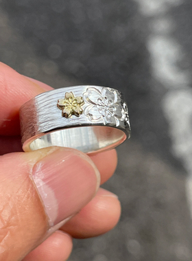 浮樱18K金樱花复古925银戒指