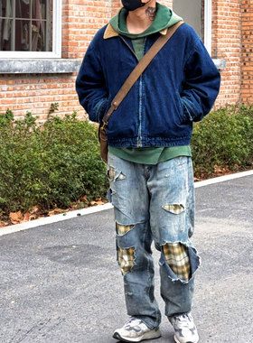 Double Indigo 石洗古着感做旧灯芯绒领羊毛内衬蓝色牛仔风雪夹克