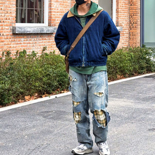 Double Indigo 石洗古着感做旧灯芯绒领羊毛内衬蓝色牛仔风雪夹克