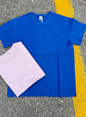 Barns 电光蓝淡雅粉日本制水洗做旧纯色基础款复古桶织短袖T恤