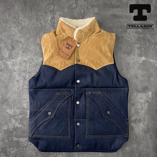 美国 Tellason ×SHANGRI-LA 意产翻毛牛皮拼接13oz牛仔羽绒马甲